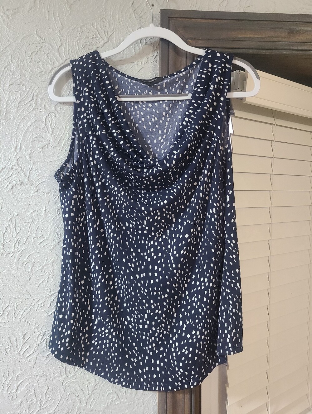 Banana Republic Blouse  Navy blue with White speck Pattern Drapped Cowl Neck